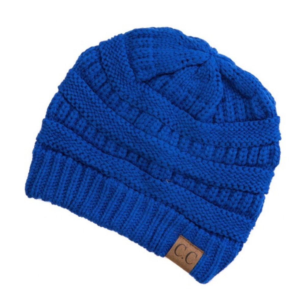 Solid Ribbed Knitted Beanie Hat Blue